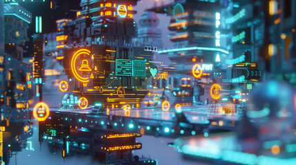 Holographic AR interface showing digital business transactions with secure encryption symbols, instant payments, and profit-loss tracking in real-time.