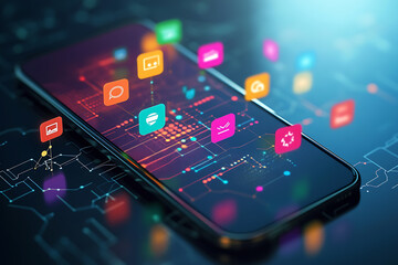 A smartphone with colorful chat icons bursting out, overlaying a complex flowchart below, symbolizing interconnected communication and digital organization.