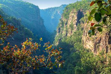 Beautiful Sunset view of satpura mountain range, View from Handi khoh, Pachmarhi, Madhya Pradesh,...