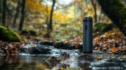Obraz premium Portable water filter bottle in forest stream, symbolizing outdoor adventure, hydration, and sustainable travel. Ideal for hiking, camping, and eco-conscious themes.