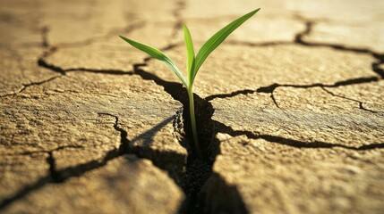 Resilience in Agriculture: Green Sprout Emerging from Cracked Earth Surface â€“ Climate Change Impact Image