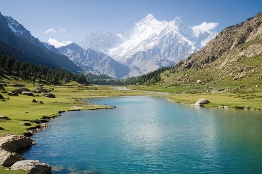 Serene Naltar Valley: Turquoise lake mirroring majestic snow-capped peaks.