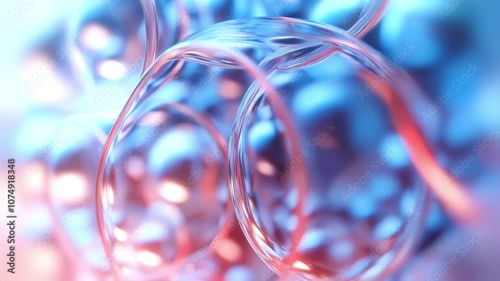 Poster animation of transparent spherical glass shapes, with light effects creating a harmony of blue and o