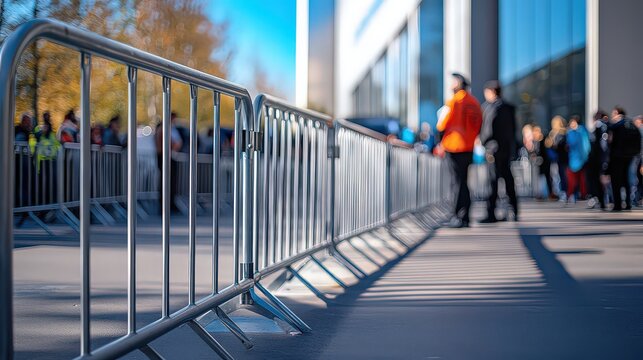  Row of interlocking steel crowd control barriers forming a perimeter around concert venue entrance, each reinforced with base plate for stability.