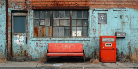 Naklejka premium An aged, vintage storefront with a weathered brick wall, old windows, and a striking red vending machine alongside a worn-out red bench