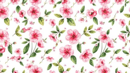 Fototapeta premium Seamless floral pattern with delicate pink flowers and green leaves on a white background, seamless, pattern