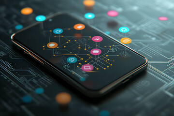 A smartphone with colorful chat icons bursting out, overlaying a complex flowchart below, symbolizing interconnected communication and digital organization.