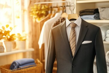 Elegant Suit on Hanger in Bright Room