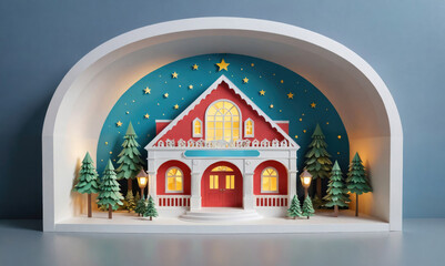 Fototapeta premium A papercraft model of a red house with a lit window, surrounded by trees and stars, sits against a blue background