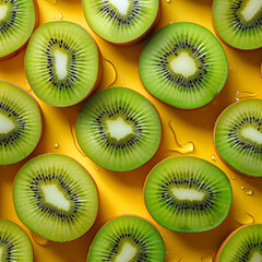 Fototapeta premium Kiwi sliced ​​on bright yellow background with water droplets