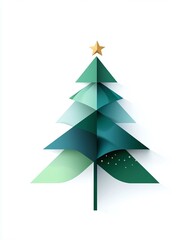 Fototapeta premium Stunning and modern abstract illustration of a Christmas tree in geometric style, featuring layered green shapes and a golden star topper on a clean white background