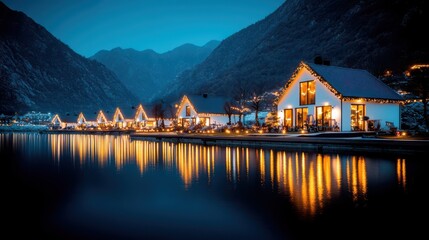 Fototapeta premium A serene lakeside scene at night, featuring illuminated houses reflecting on the water, surrounded by mountains and a tranquil atmosphere.