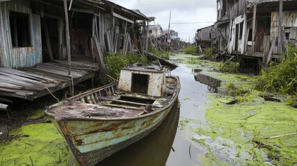 Obraz premium Environmental Devastation: Abandoned Fishing Village Hit by Climate Change - Economic Impact on Coastal Communities