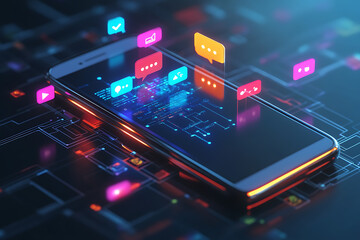 Obraz premium A smartphone with colorful chat icons bursting out, overlaying a complex flowchart below, symbolizing interconnected communication and digital organization.