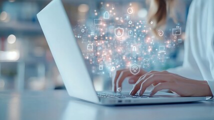 A close-up of a person working on a laptop, surrounded by digital security icons like padlocks, shields, and encrypted symbols floating around