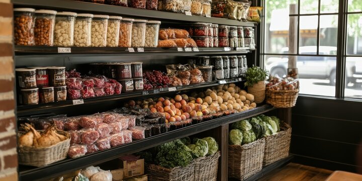 A well-organized grocery store display showcases an array of fresh produce, packaged goods, and preserved items, highlighting a variety of culinary options