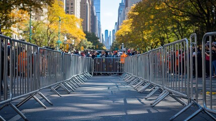  Metal crowd control barriers line busy street, organizing clear pedestrian pathways and maintaining order during event.