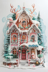 Watercolor illustration of a cute house in bright pastel colors., unique architecture. Merry Christmas, decorated at night with lights and snow. Building Background generative a	