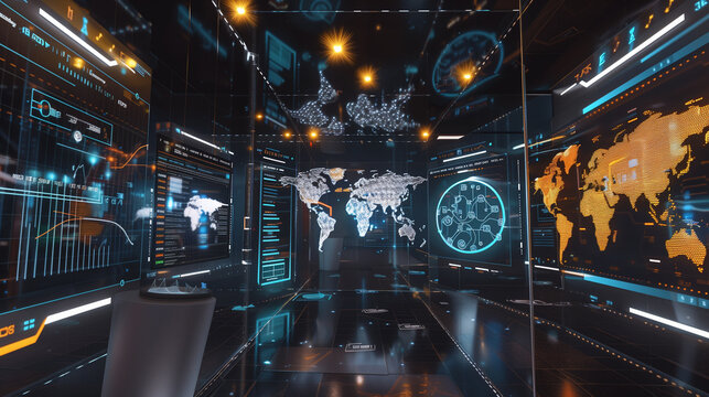 Interactive augmented reality display of global financial transactions, with currency conversions, digital assets, and banking updates in a 3D virtual environment.