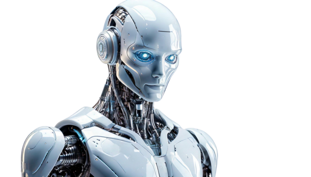 Futuristic White Humanoid Robot in High-Tech Setting on a White Background