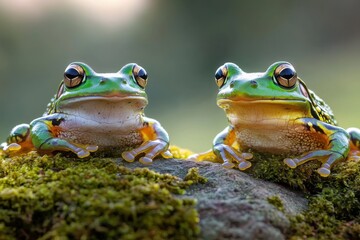Naklejka premium Two vibrant frogs resting on moss, showcasing their colorful features in a natural setting.