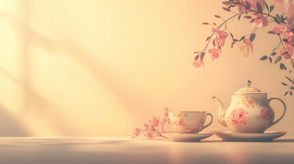 Fototapeta premium A vintage tea set with flowers on a pastel background, evoking warmth and nostalgia, with space for text.