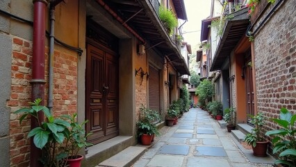 Fototapeta premium Scene of eclectic alleyway in Asian city scene, scene-aged and wall-worn