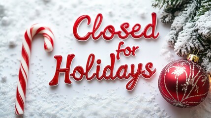  "Closed for Holidays" in stylish uppercase red font on white background, with a small candy cane illustration for a festive touch.