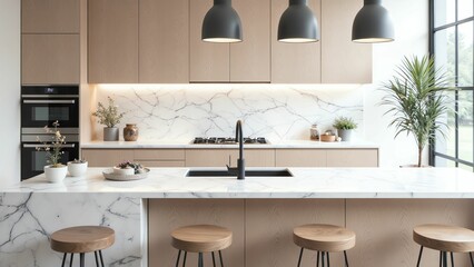 Sophisticated Contemporary Kitchen Design with Sleek Marble Accents and Warm Wood Tones