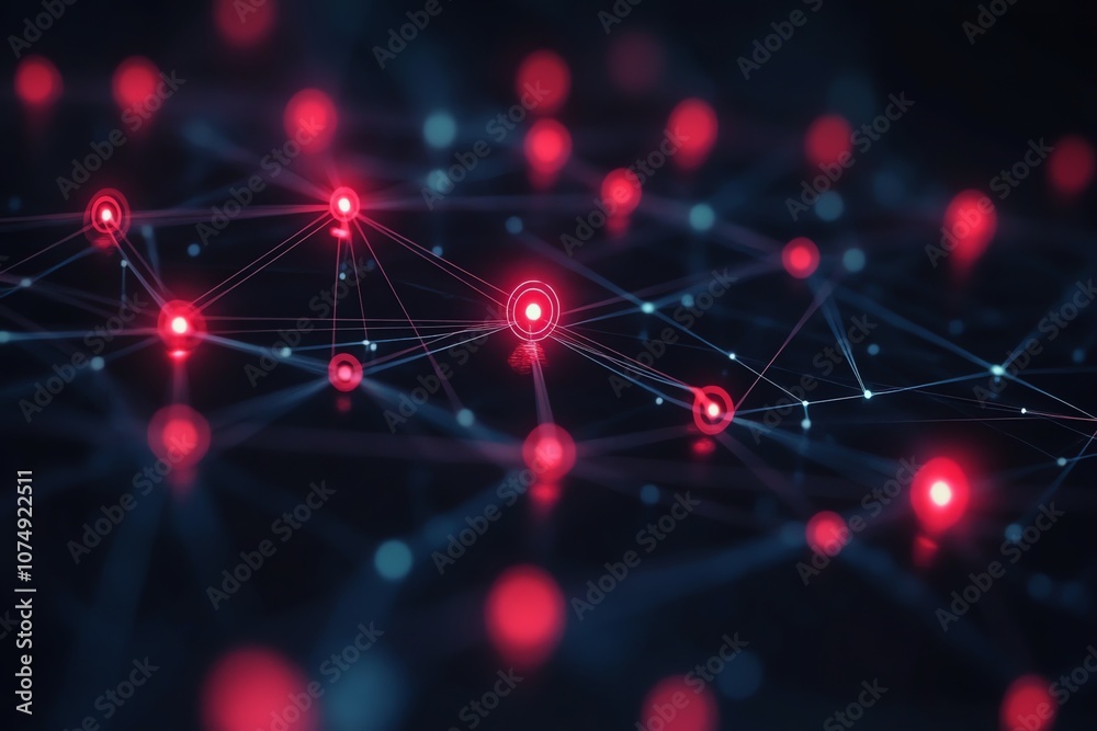 Aufkleber Abstract digital network with glowing red nodes and lines on a dark background.
