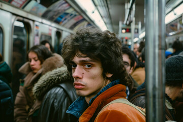 Generative AI portrait of people crowd busy day on dimly lit metro bus train public transport concept, urban scene