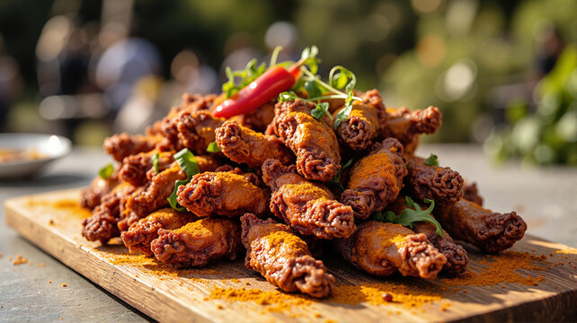 Spicy chicken wings on wooden board with chili pepper