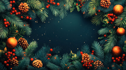 Festive Christmas flat lay featuring wrapped gift, pinecones, ornaments, and evergreen branches on a green background with lights. 