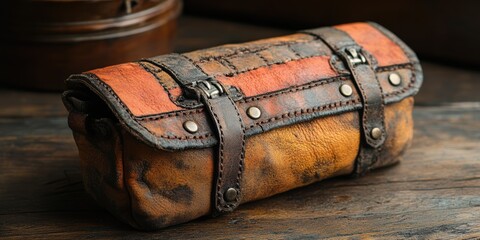 A beautifully crafted, vintage leather roll bag with brown and orange tones sits stylishly on a rustic wooden surface, exuding an aura of timeless elegance and utility