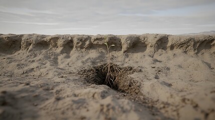Soil Secrets: A seedling partially buried in soil. Its roots explore hidden depths—the quest for knowledge. 