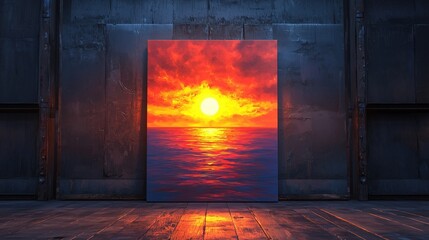Fototapeta premium A vibrant sunset over the sea depicted through an open door in a metallic room, contrasting natural beauty and industrial elements.