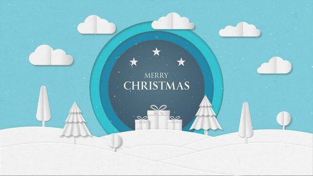 winter lanscape papper cut, greetings merry christmas animation with snowflake, pines trees, gifts and cloud.