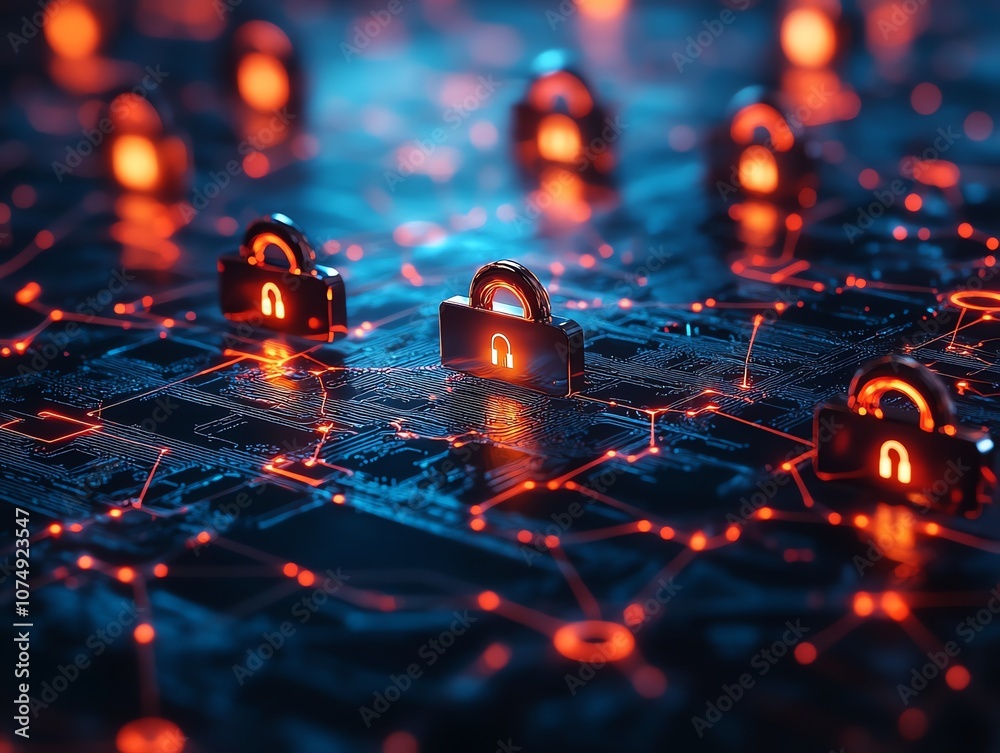 Aufkleber A close-up of a glowing circuit board with multiple glowing padlocks, representing data security and online protection.