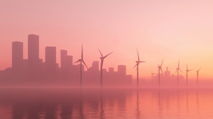 Fototapeta premium Futuristic Coastal City Skyline with Wind Turbines: Urban Integration of Renewable Energy