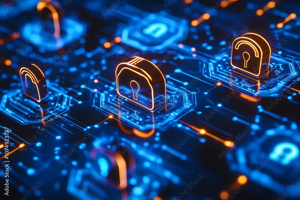 Poster digital security locks on a futuristic circuit board with glowing orange and blue lines, representin