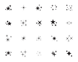 Sparkling stars. Shiny magic Christmas starburst effect, twinkle sparkle star silhouettes. Spark star icon. Shine icon. Flat vector design. 