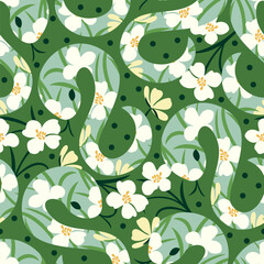 Vector seamless pattern with snakes on a flower meadow