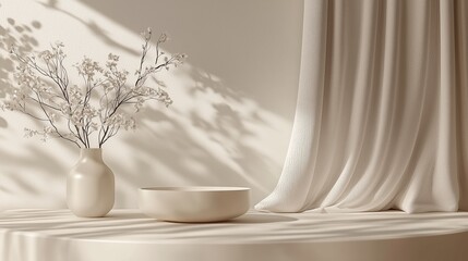 A minimalist scene showcasing soft drapes, a simple bowl, and a vase with delicate flowers, creating an elegant and serene atmosphere.