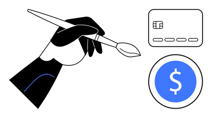 Hand holding paintbrush with chip credit card and dollar coin. Ideal for finance, art, creativity, investment, business, design, education themes. Line metaphor