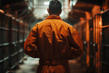 Obraz premium Generative AI Image of Prisoner crimanal in Orange Jumpsuit in Jail Corridor on hearing