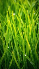 Fototapeta premium Vibrant green grass background texture with dew drops, environment, fresh