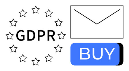 GDPR text encircled by stars, envelope symbol, and blue BUY button in block letters. Ideal for data privacy, online privacy, email marketing, e-commerce, legal compliance, digital security, consumer