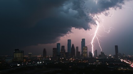 Fototapeta premium Climate Change Crisis: Dramatic Thunderstorm Over Cityscape with Lightning Strikes, Symbolizing Increasing Extreme Weather Events