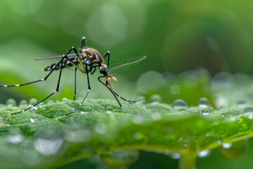 Close-up of Aedes Mosquito on Leaf with Dew Drops