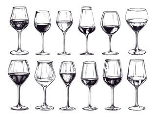 Wine Glasses Collection Engraving Illustration White Background Elegant Wine Glassware Detailed Illustrations Drinkware Classic Style Sophisticated Designs Beverage Celebration